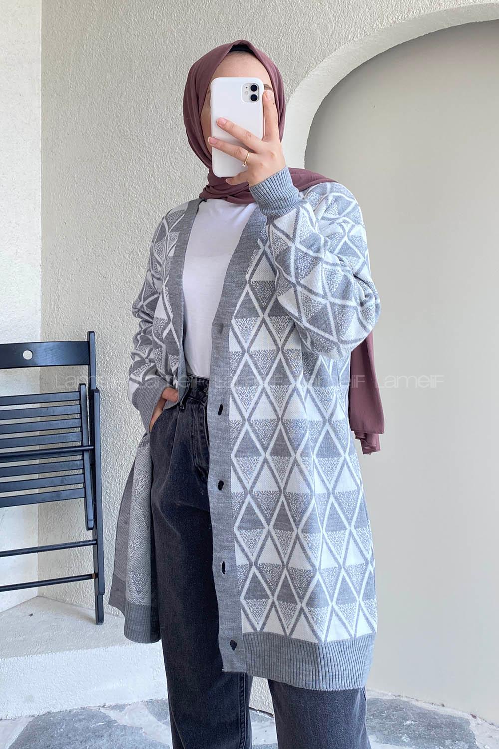 Modalamelif V Yaka Baklava Kilim Desenli Düğme Detaylı Hırka Gri