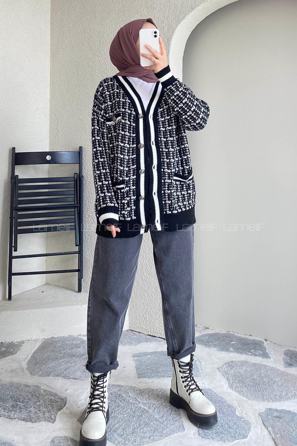 Modalamelif V Yaka Önü Düğmeli Taş  Detaylı Triko Hırka Siyah