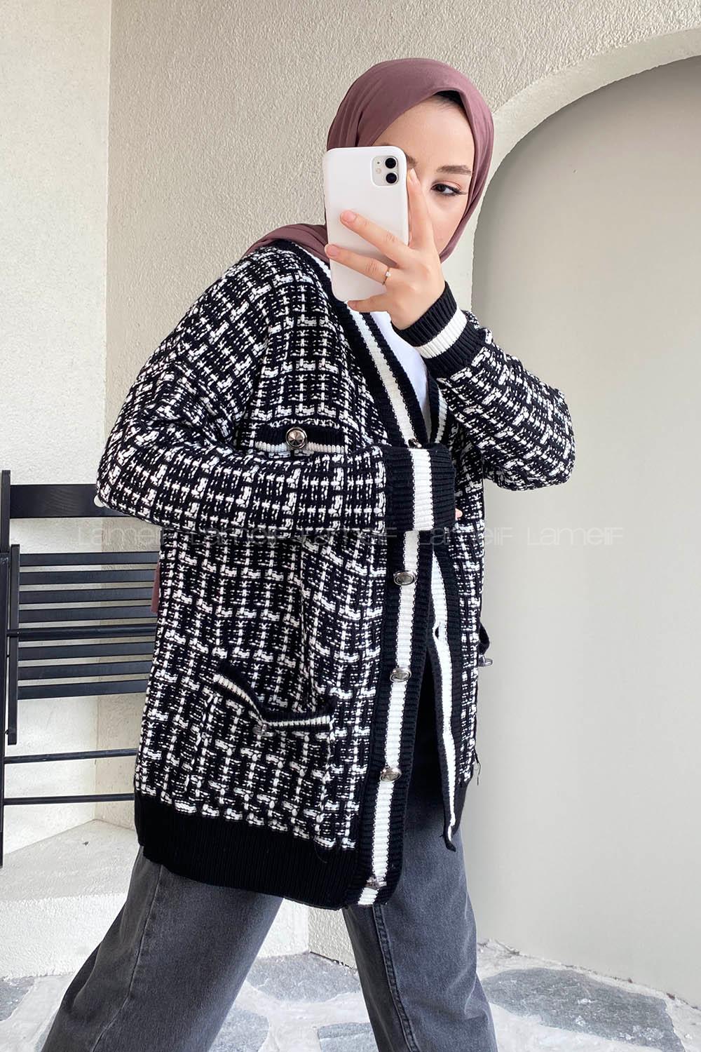 Modalamelif V Yaka Önü Düğmeli Taş  Detaylı Triko Hırka Siyah