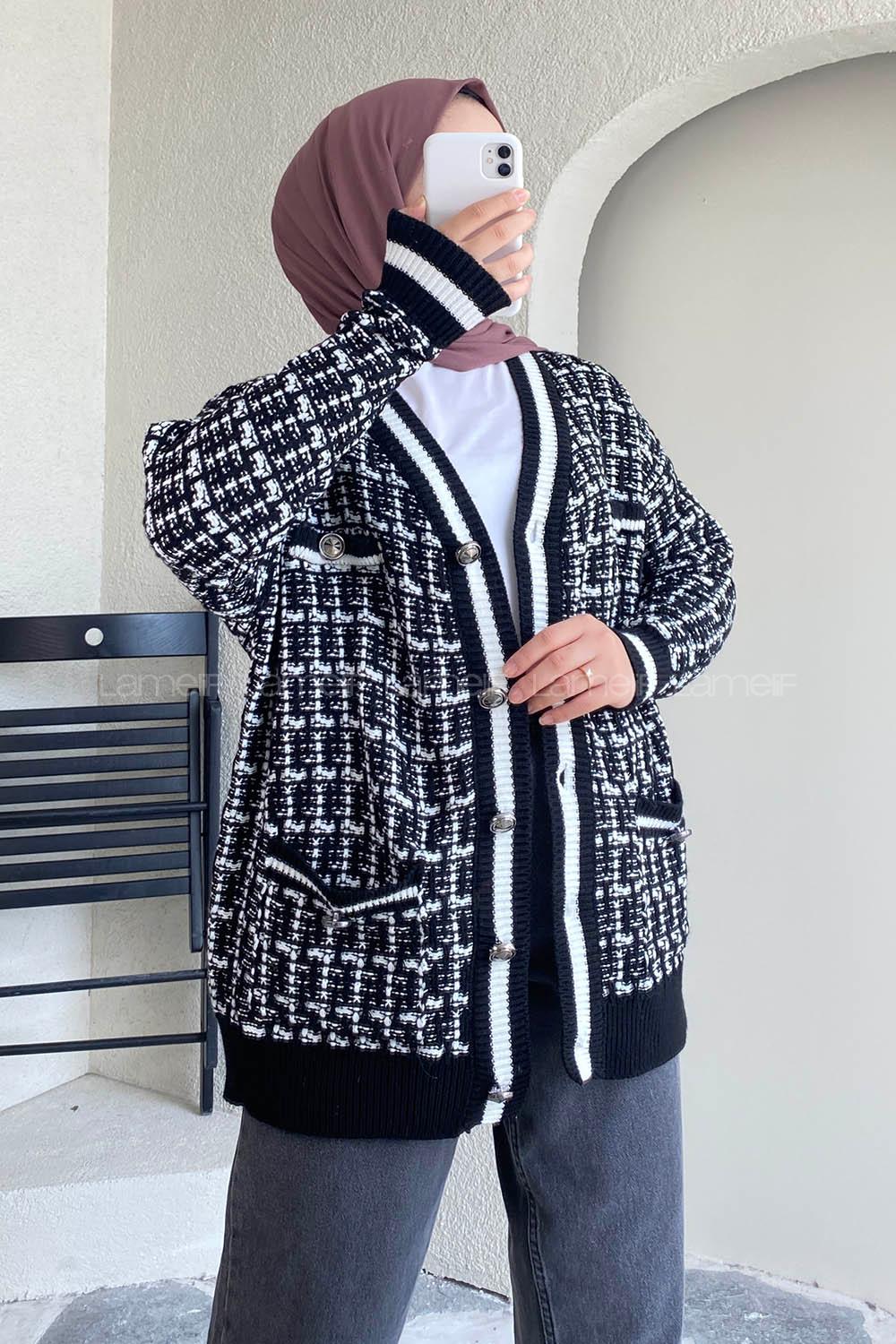 Modalamelif V Yaka Önü Düğmeli Taş  Detaylı Triko Hırka Siyah