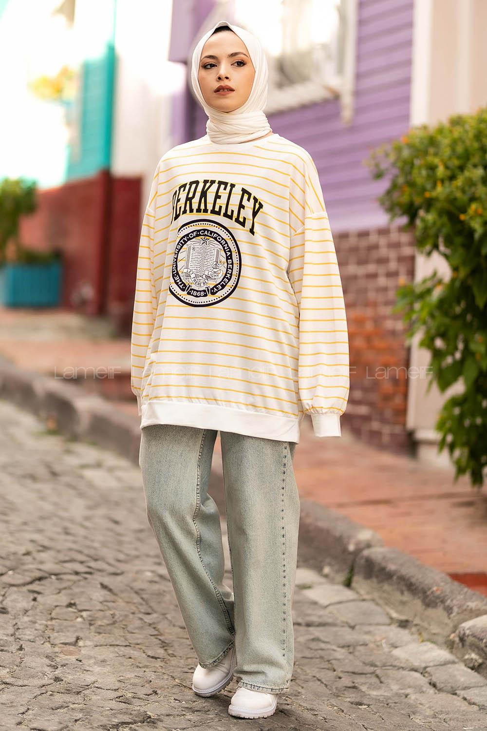 Modalamelif Berkeley Yazı Baskılı Çizgi Desenli Sweat Sarı-Beyaz