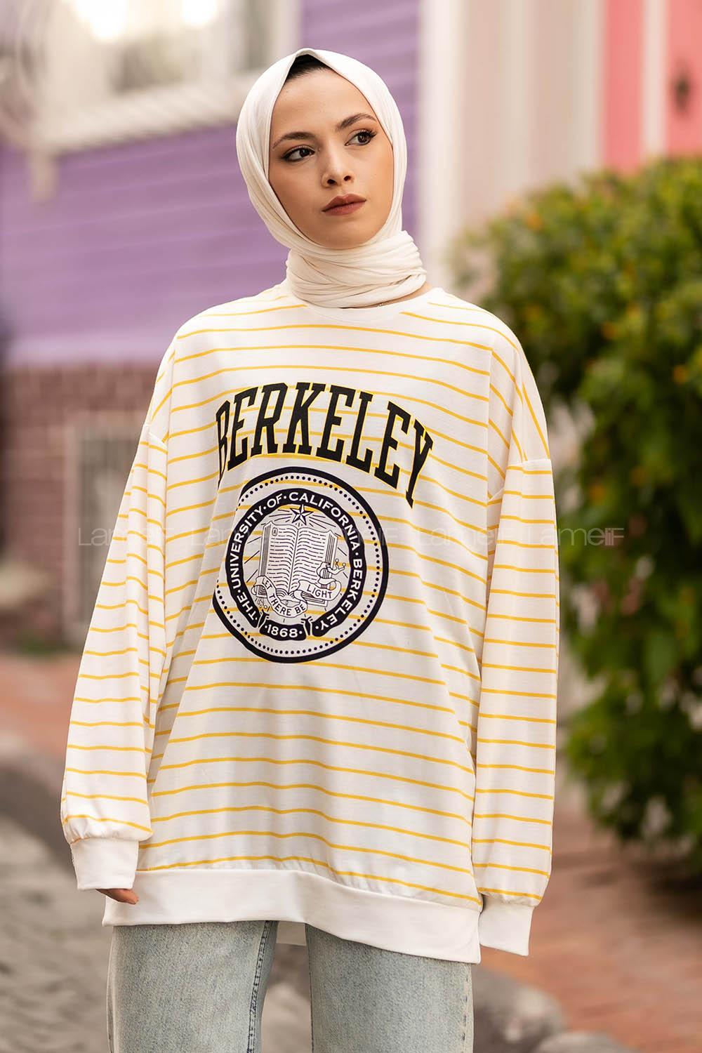 Modalamelif Berkeley Yazı Baskılı Çizgi Desenli Sweat Sarı-Beyaz