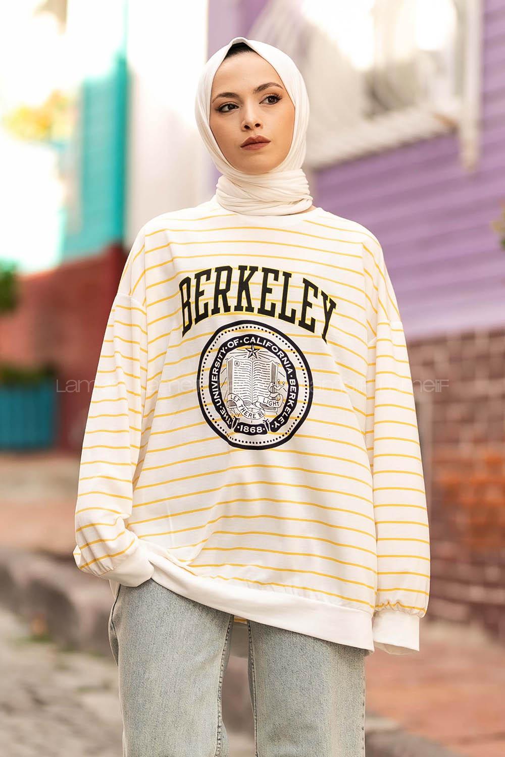 Modalamelif Berkeley Yazı Baskılı Çizgi Desenli Sweat Sarı-Beyaz
