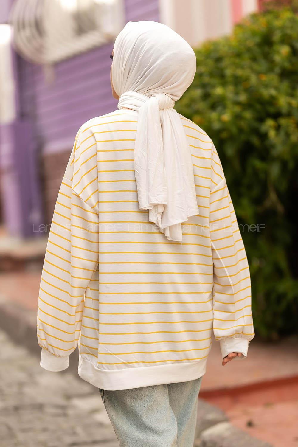 Modalamelif Berkeley Yazı Baskılı Çizgi Desenli Sweat Sarı-Beyaz