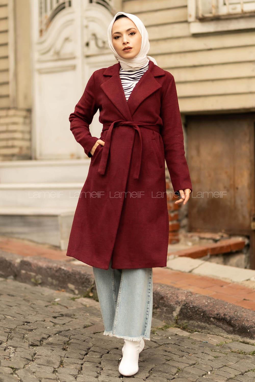 Modalamelif Çift Cep Detaylı Kuşak Bağlamalı Kaşe Kaban Bordo