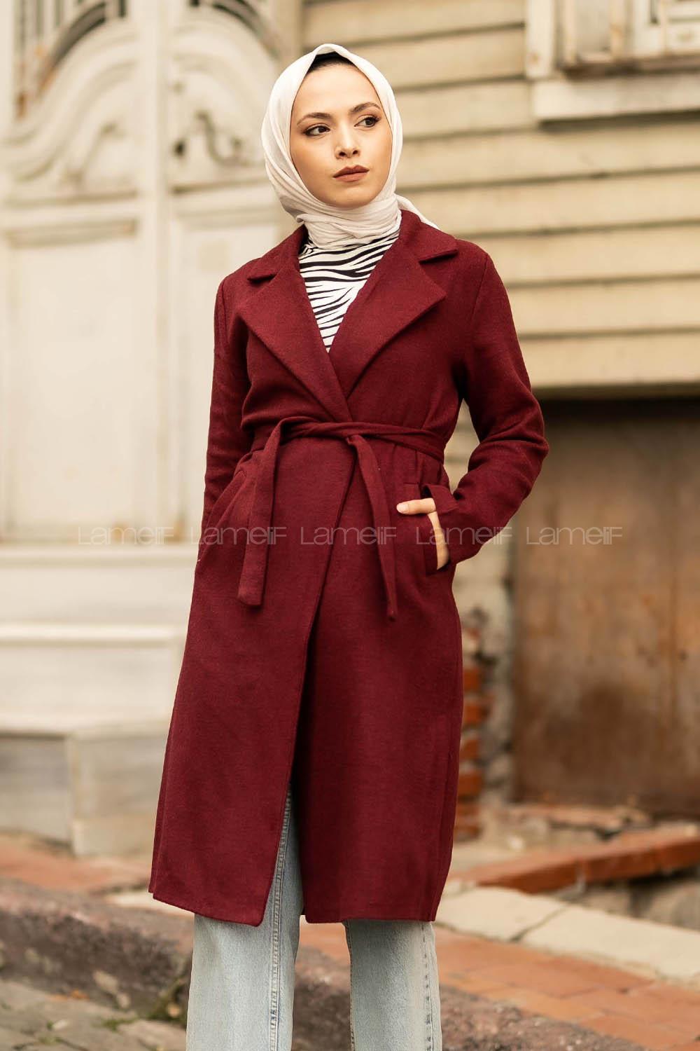 Modalamelif Çift Cep Detaylı Kuşak Bağlamalı Kaşe Kaban Bordo