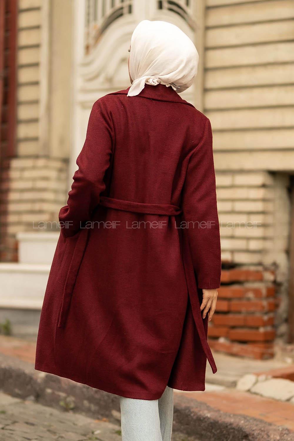 Modalamelif Çift Cep Detaylı Kuşak Bağlamalı Kaşe Kaban Bordo