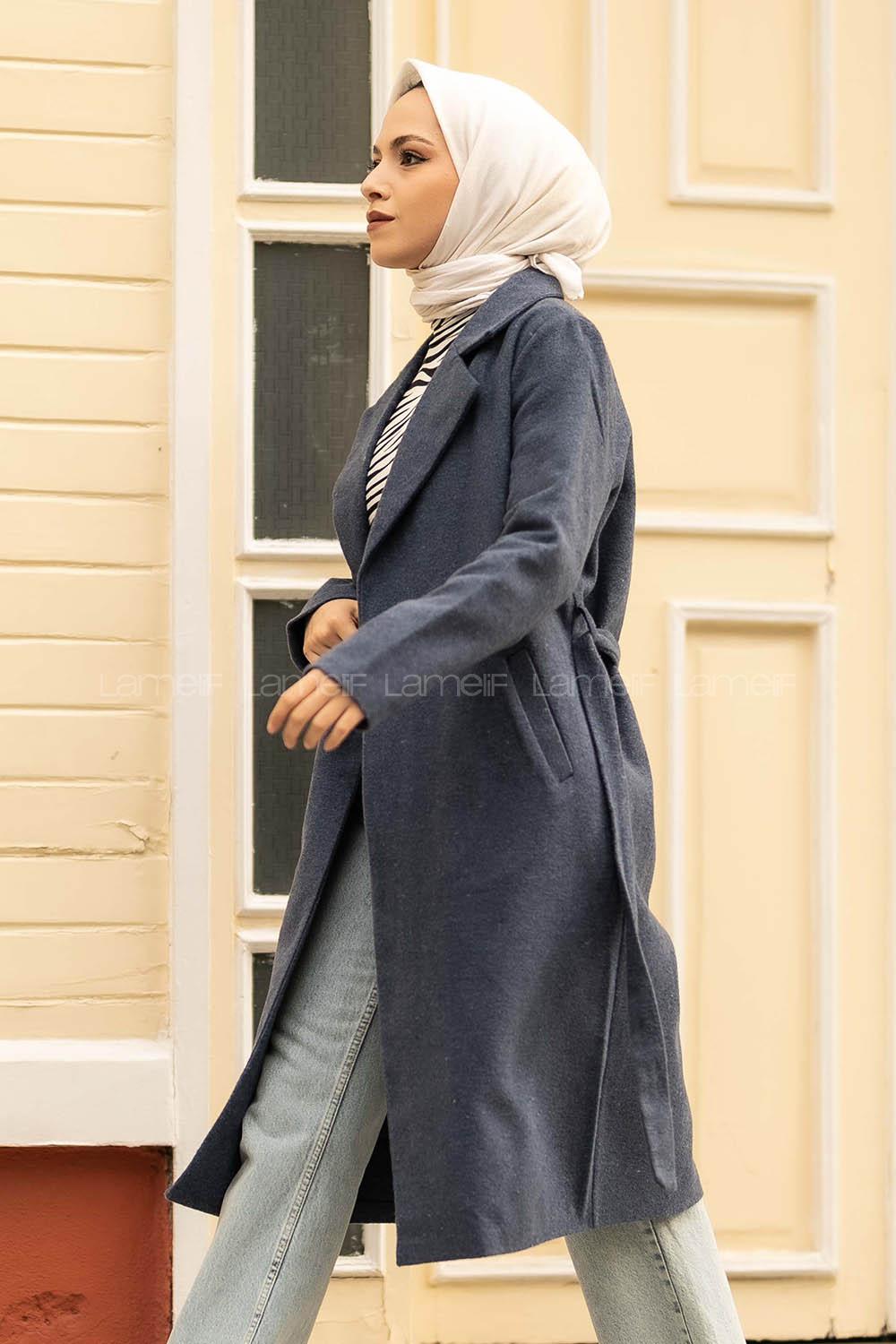 Modalamelif Çift Cep Detaylı Kuşak Bağlamalı Kaşe Kaban Lacivert