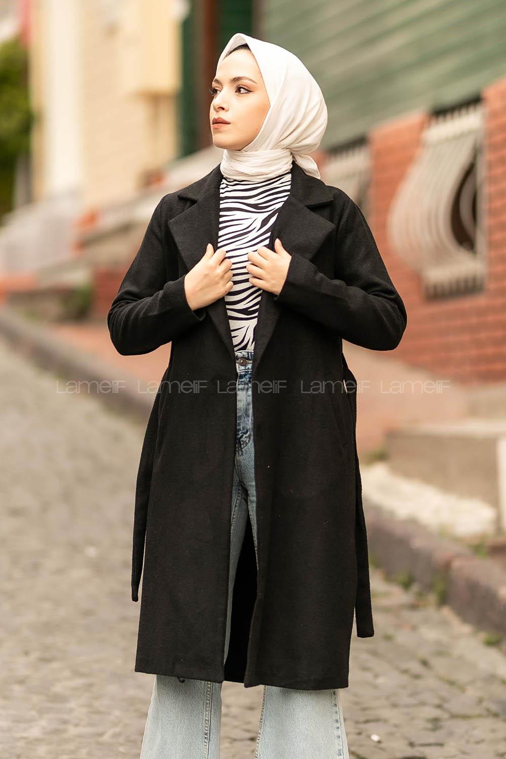 Modalamelif Çift Cep Detaylı Kuşak Bağlamalı Kaşe Kaban Siyah