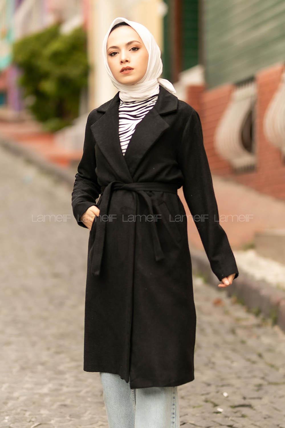 Modalamelif Çift Cep Detaylı Kuşak Bağlamalı Kaşe Kaban Siyah