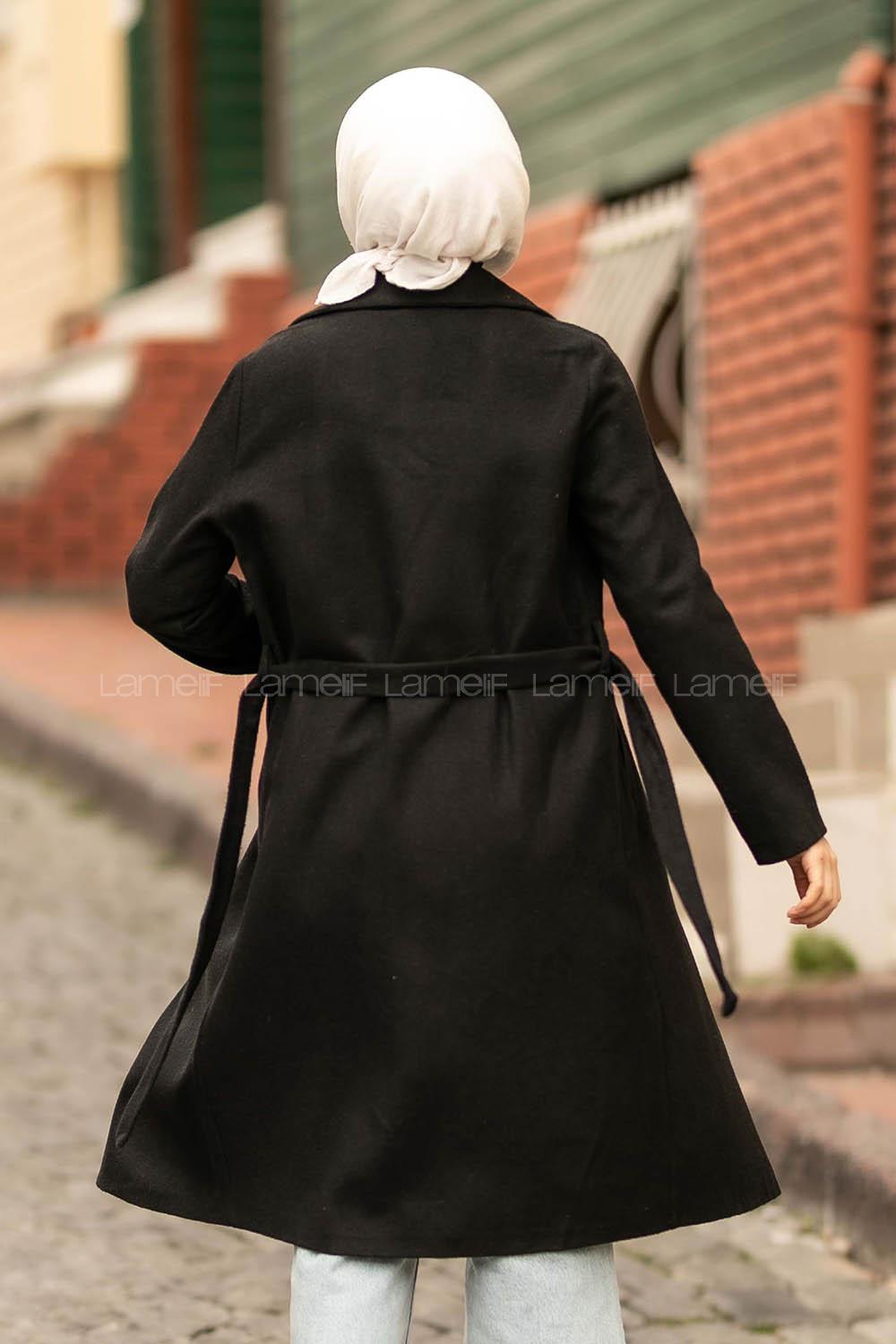 Modalamelif Çift Cep Detaylı Kuşak Bağlamalı Kaşe Kaban Siyah