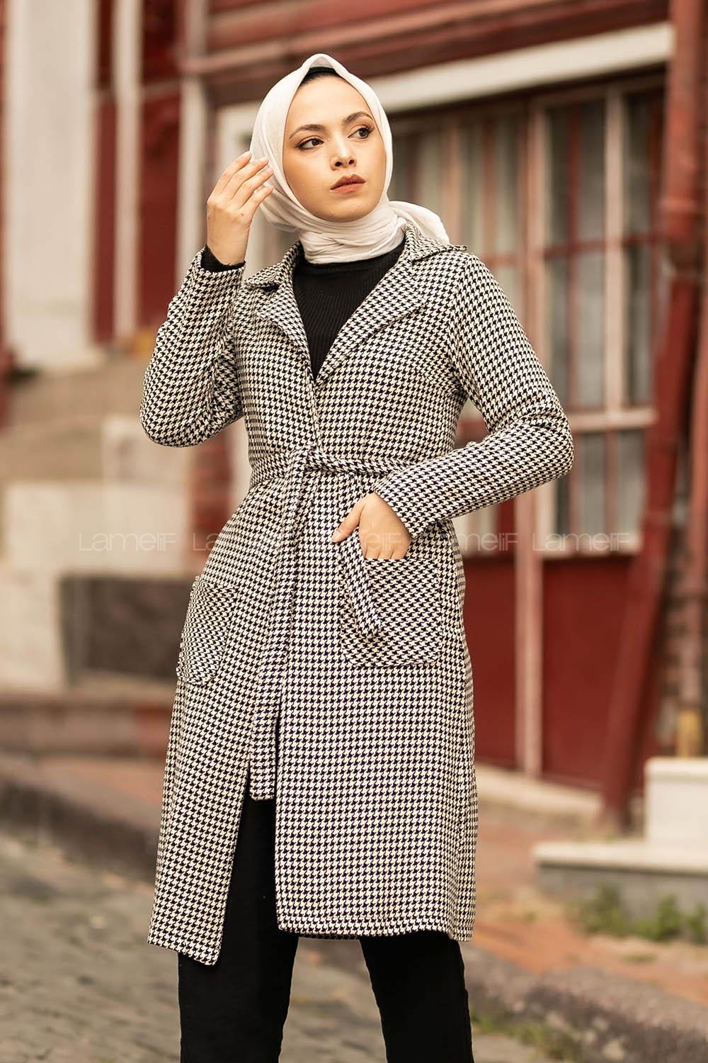 Modalamelif Çift Cep Detaylı Kuşak Bağlamalı Kaşe Kaban Siyah-Beyaz