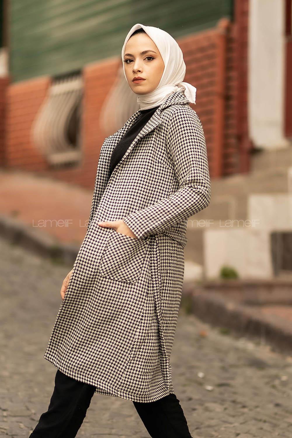 Modalamelif Çift Cep Detaylı Kuşak Bağlamalı Kaşe Kaban Siyah-Beyaz