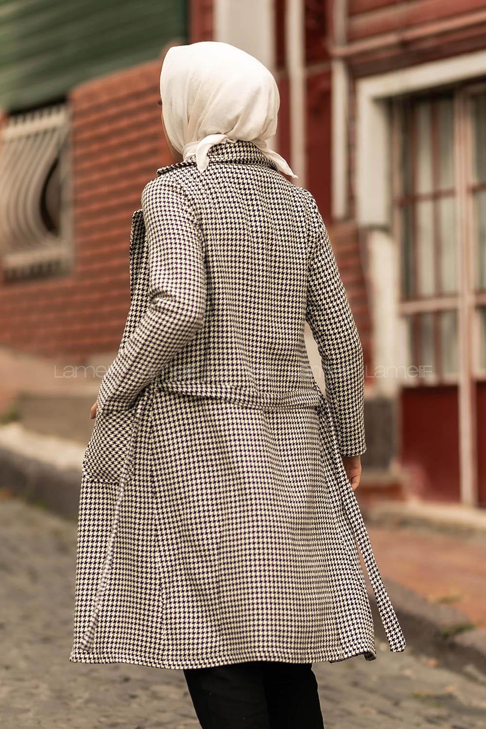 Modalamelif Çift Cep Detaylı Kuşak Bağlamalı Kaşe Kaban Siyah-Beyaz