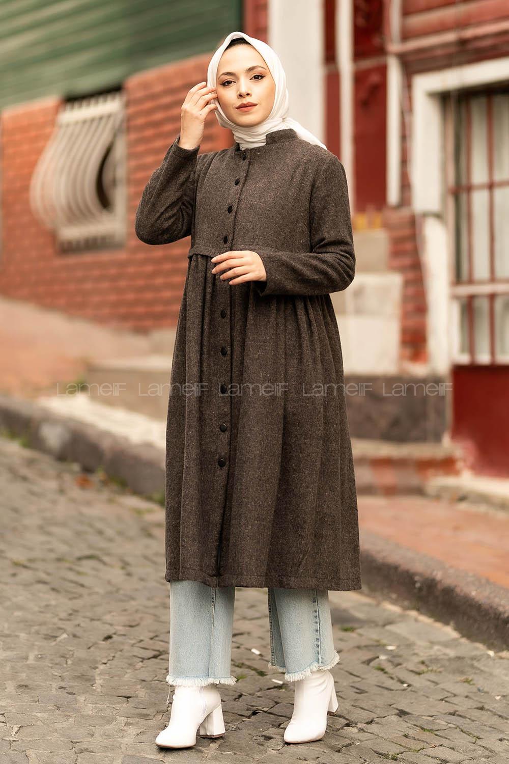 Modalamelif Hakim Yaka Robalı Önü Boydan Düğmeli Tunik Koyu Kahverengi