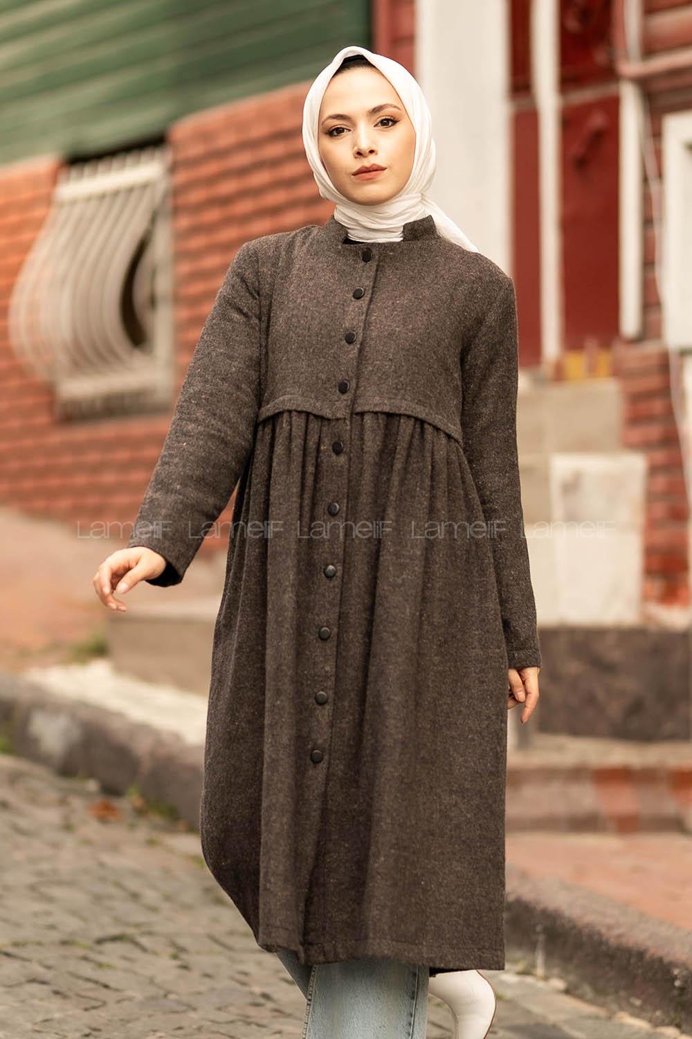 Modalamelif Hakim Yaka Robalı Önü Boydan Düğmeli Tunik Koyu Kahverengi