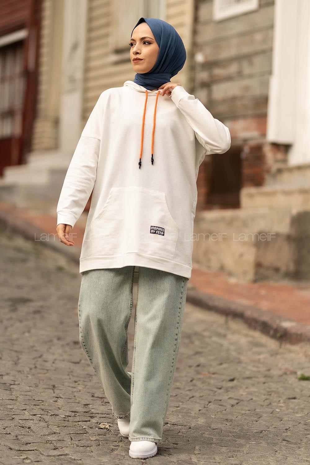 Modalamelif Kapüşon Detaylı Kanguru Cepli Arma Nakışlı Sweat Beyaz