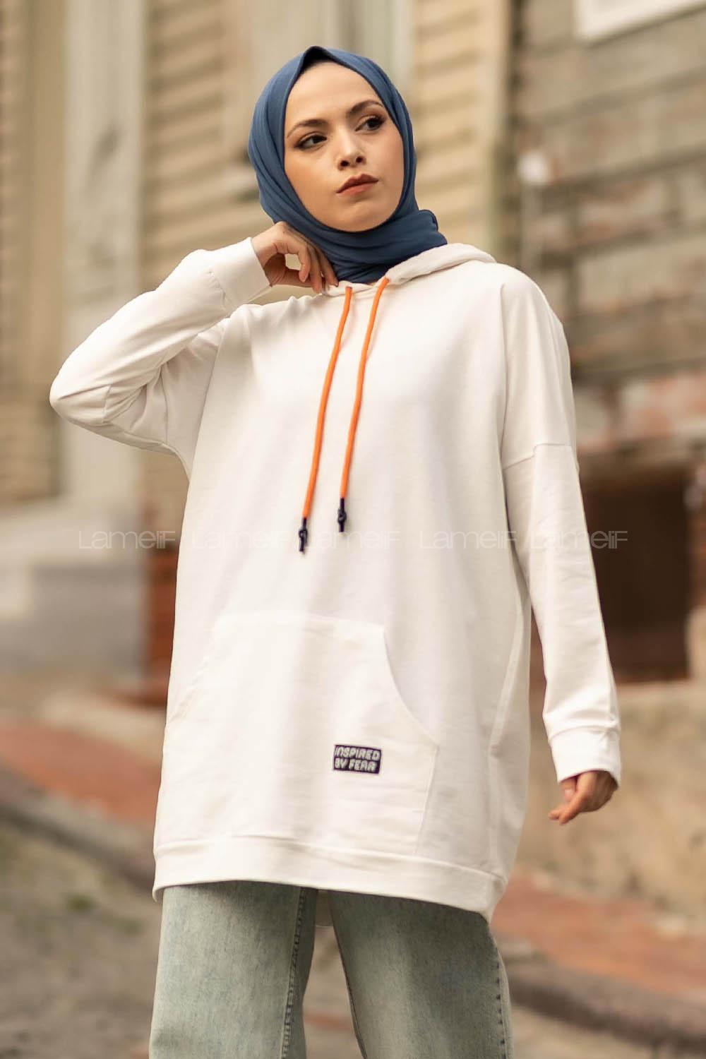 Modalamelif Kapüşon Detaylı Kanguru Cepli Arma Nakışlı Sweat Beyaz