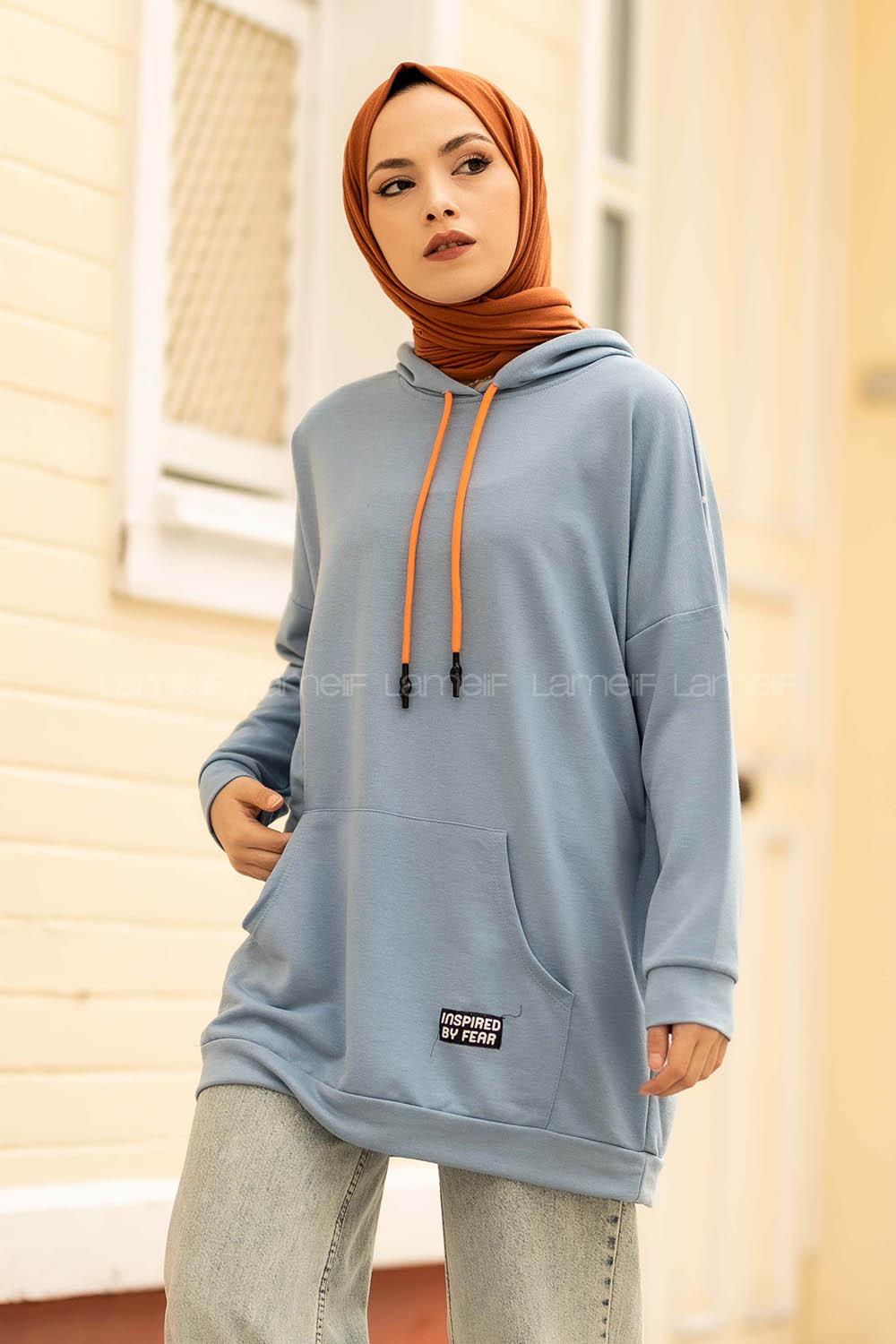 Modalamelif Kapüşon Detaylı Kanguru Cepli Arma Nakışlı Sweat Mavi