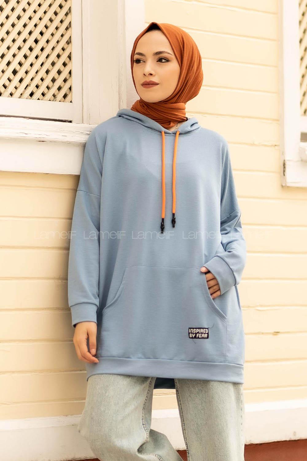 Modalamelif Kapüşon Detaylı Kanguru Cepli Arma Nakışlı Sweat Mavi