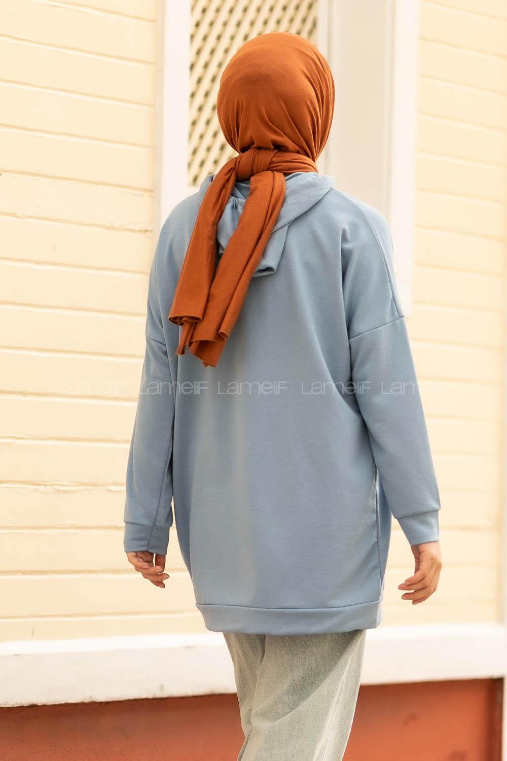 Modalamelif Kapüşon Detaylı Kanguru Cepli Arma Nakışlı Sweat Mavi