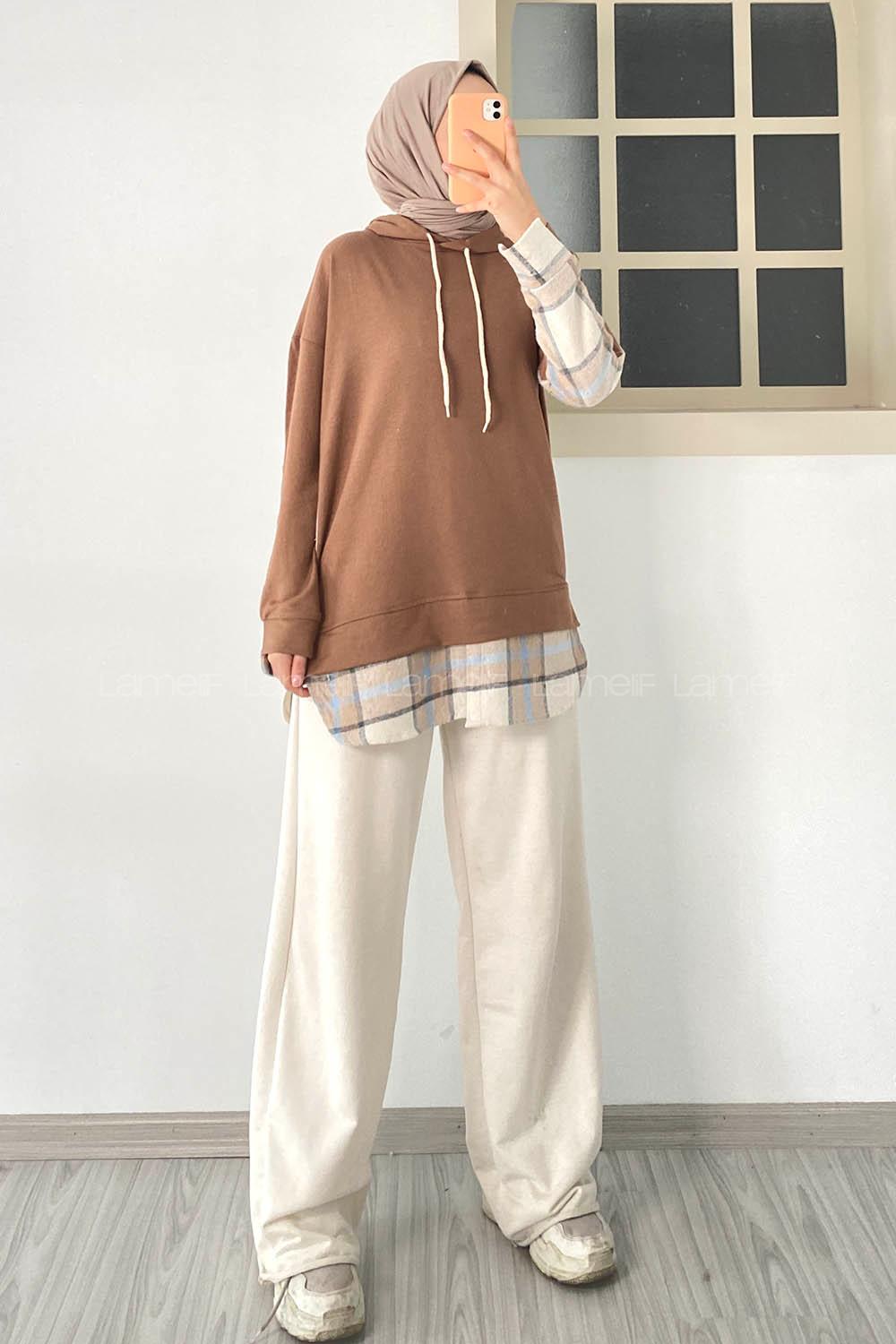 Modalamelif Kapüşonlu Sırt Ekose Etek Ucu Garnili Sweat Kahverengi