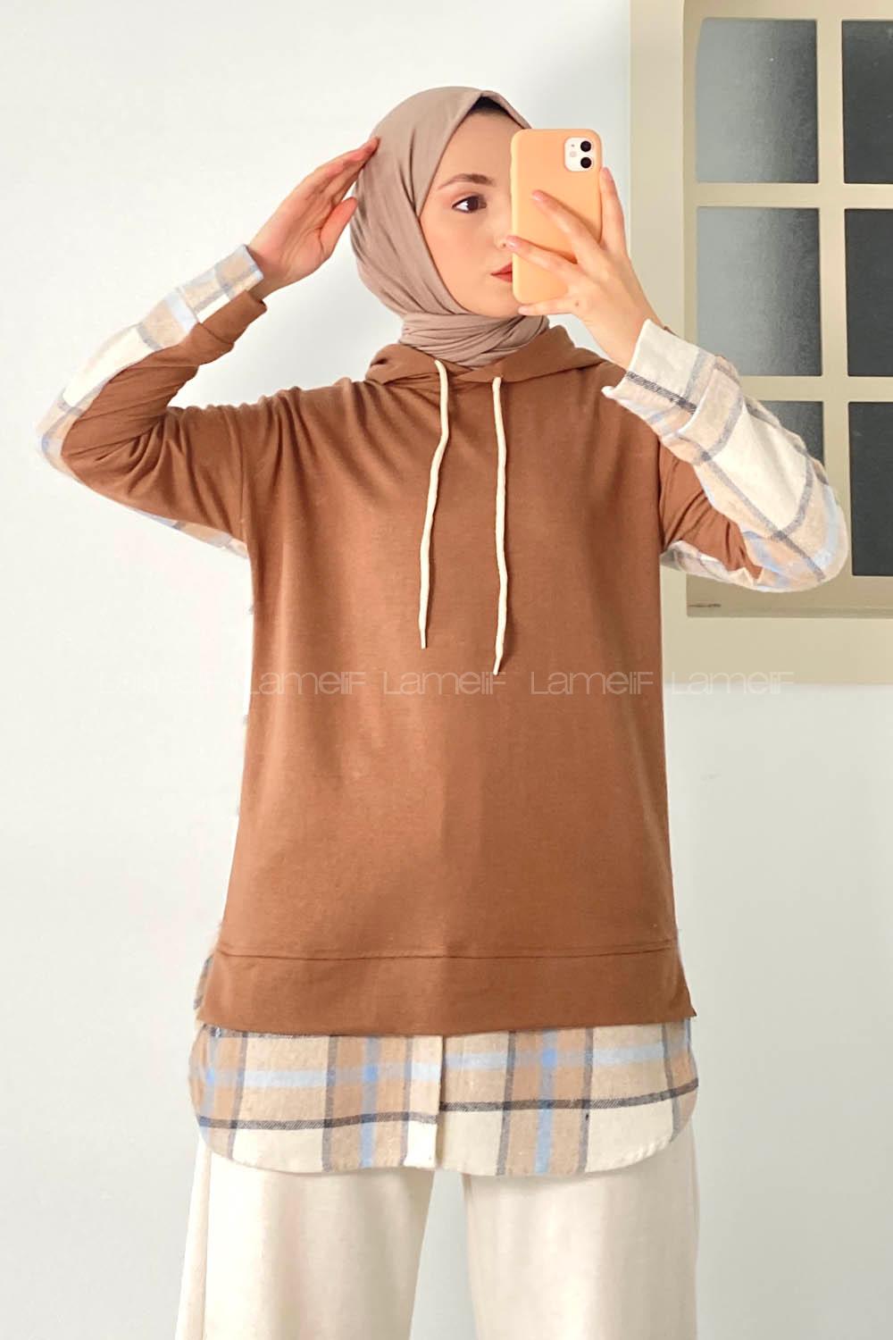 Modalamelif Kapüşonlu Sırt Ekose Etek Ucu Garnili Sweat Kahverengi