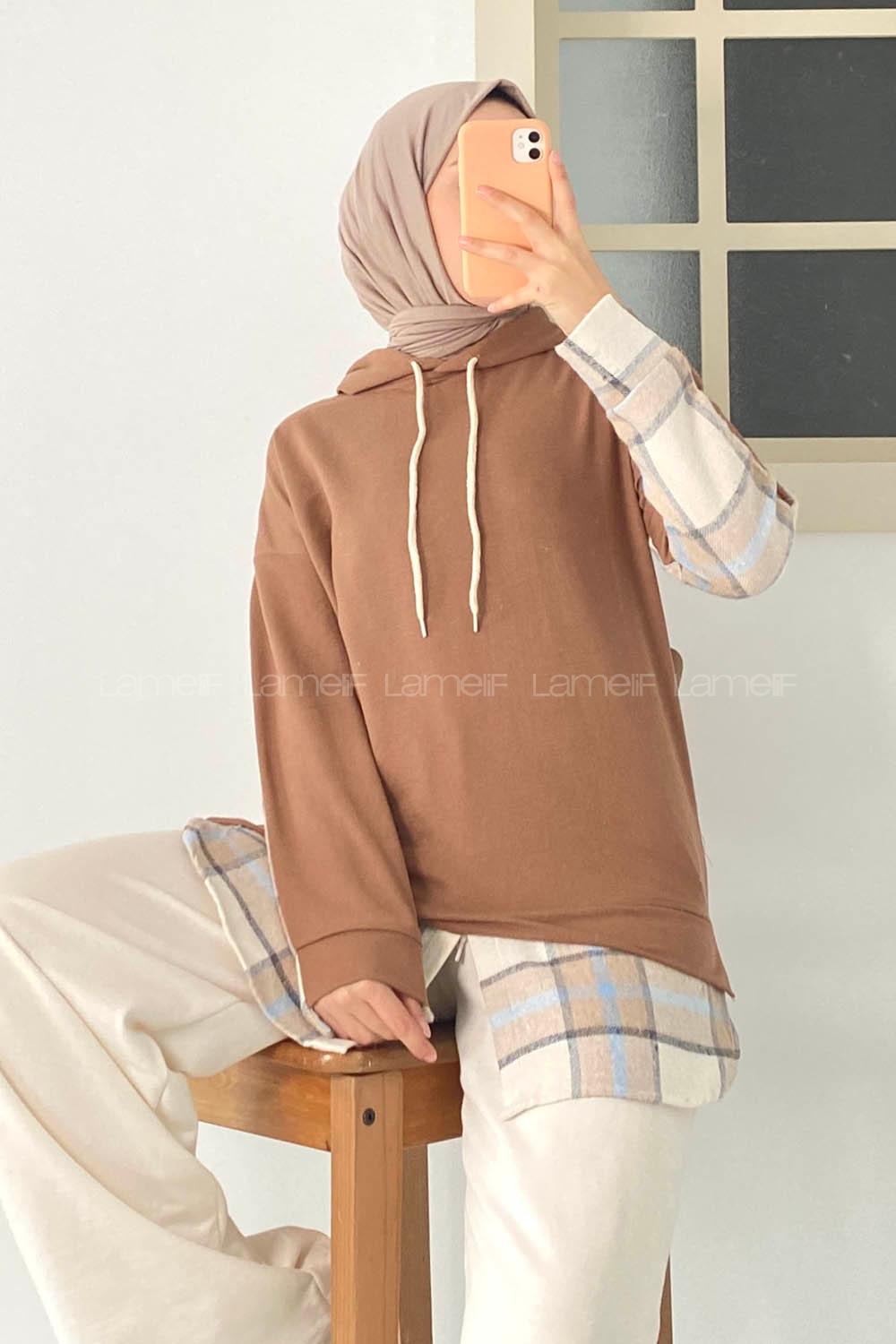 Modalamelif Kapüşonlu Sırt Ekose Etek Ucu Garnili Sweat Kahverengi