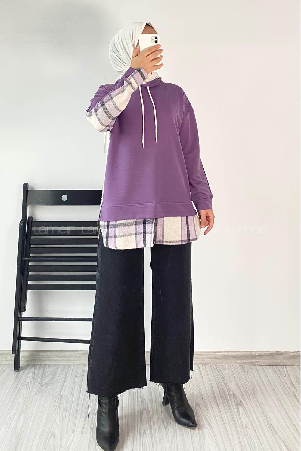 Modalamelif Kapüşonlu Sırt Ekose Etek Ucu Garnili Sweat Lila