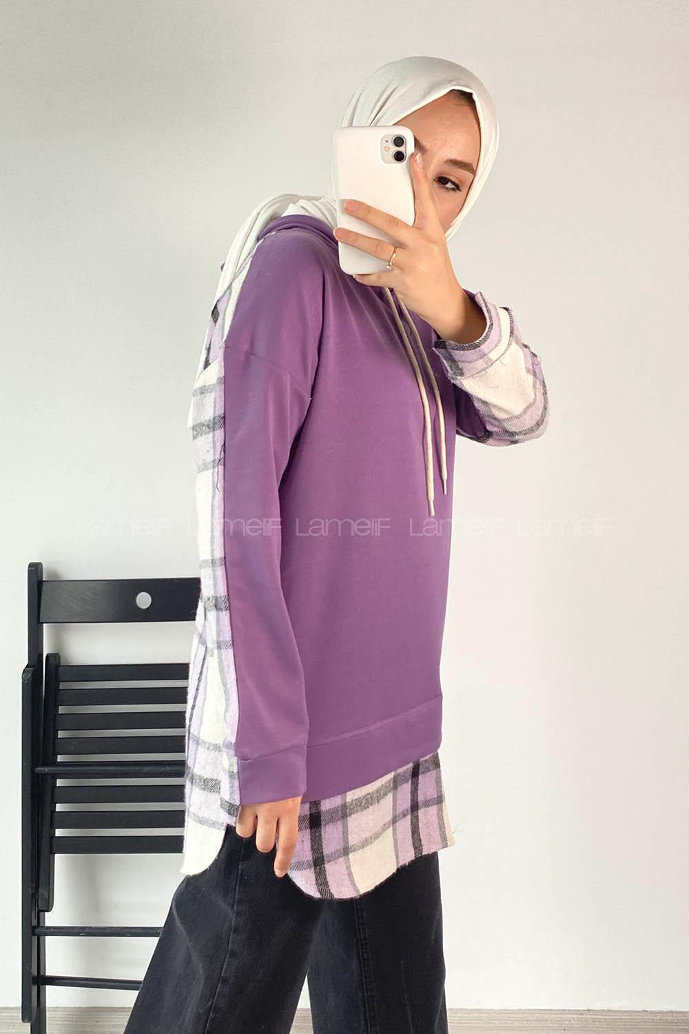 Modalamelif Kapüşonlu Sırt Ekose Etek Ucu Garnili Sweat Lila