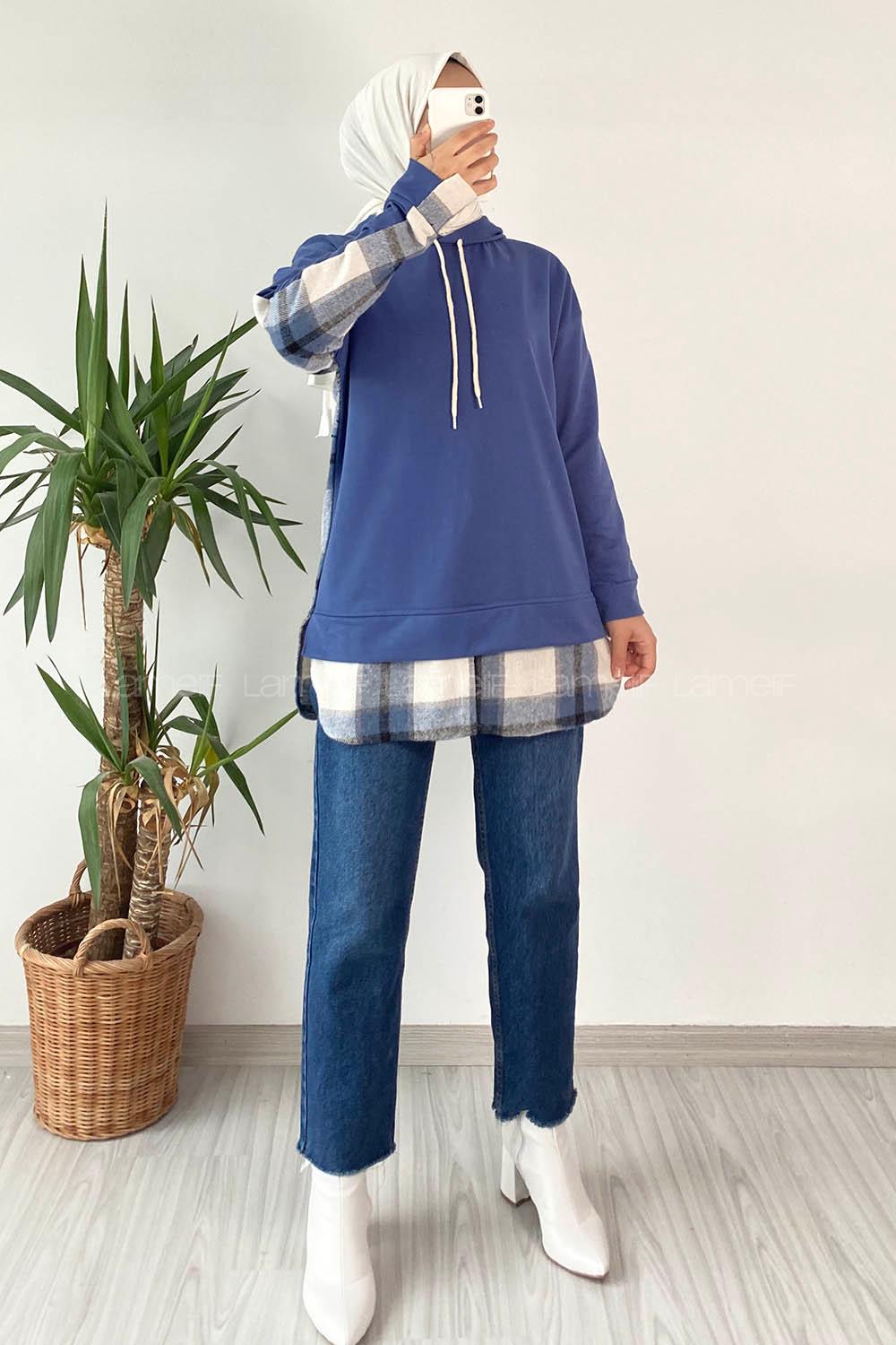 Modalamelif Kapüşonlu Sırt Ekose Etek Ucu Garnili Sweat Mavi