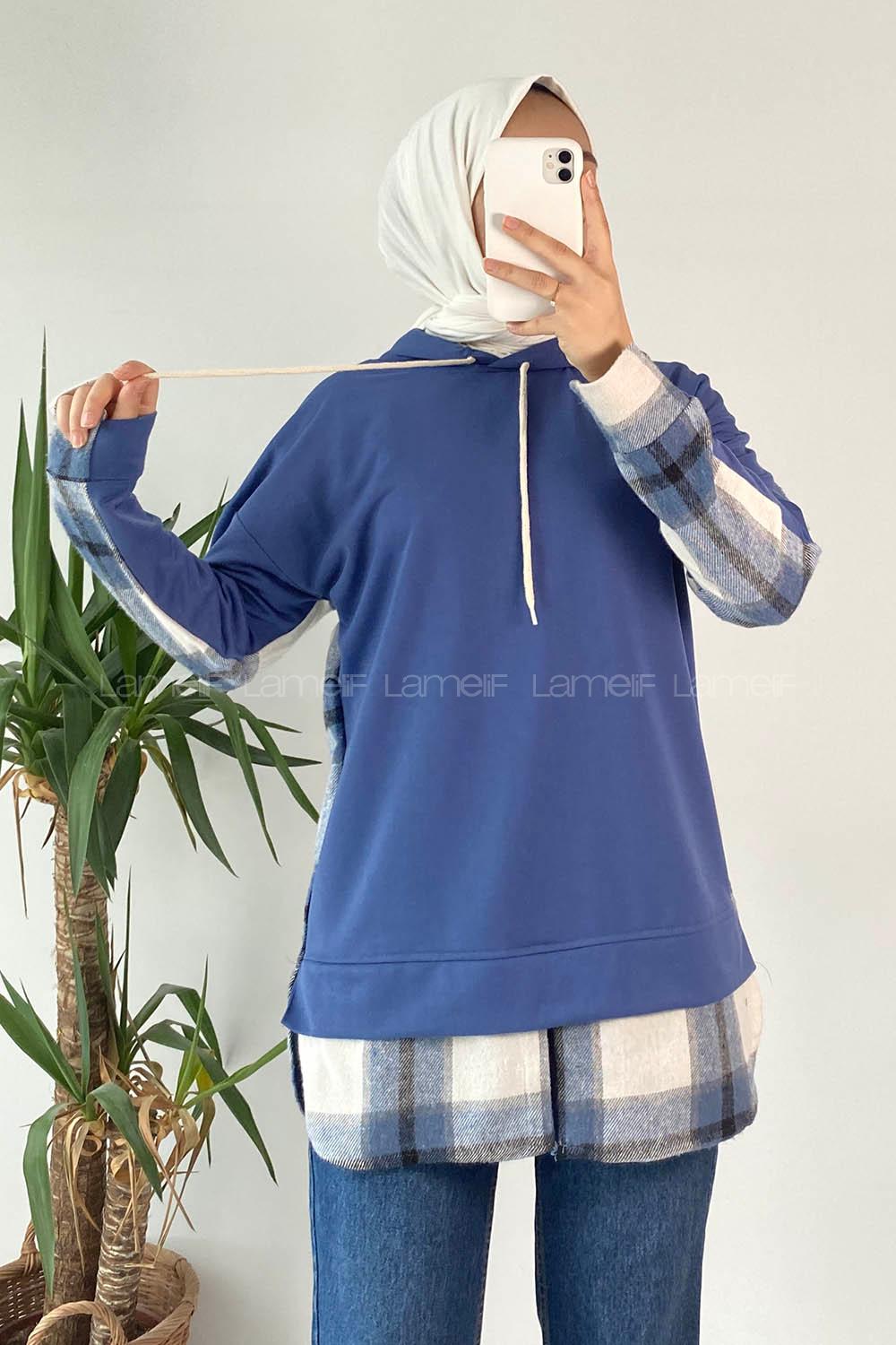 Modalamelif Kapüşonlu Sırt Ekose Etek Ucu Garnili Sweat Mavi