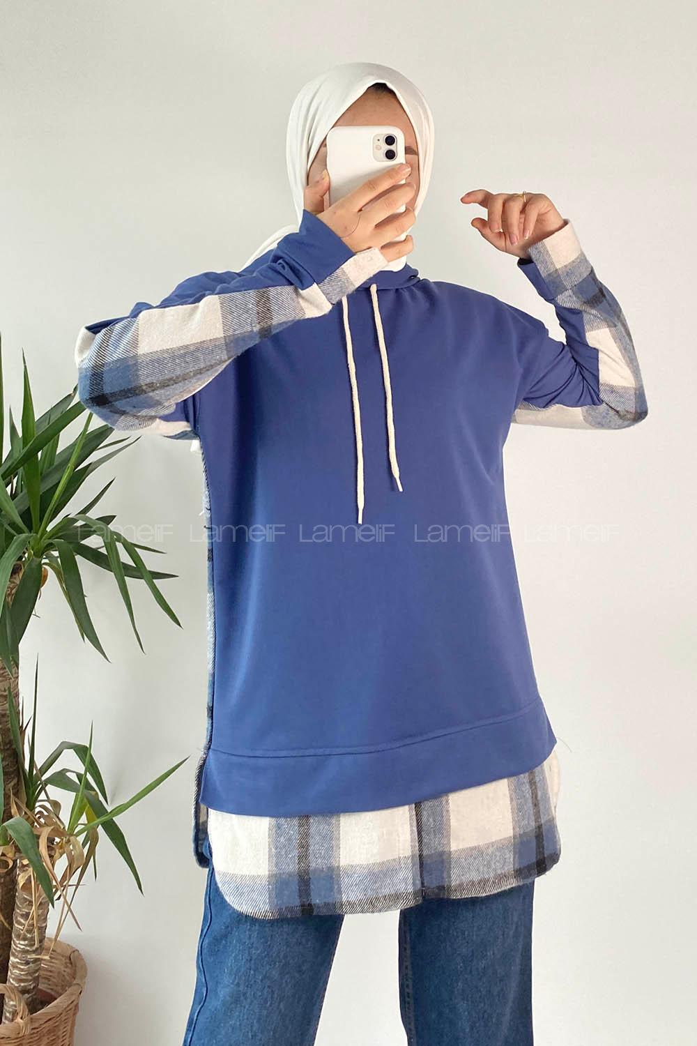 Modalamelif Kapüşonlu Sırt Ekose Etek Ucu Garnili Sweat Mavi