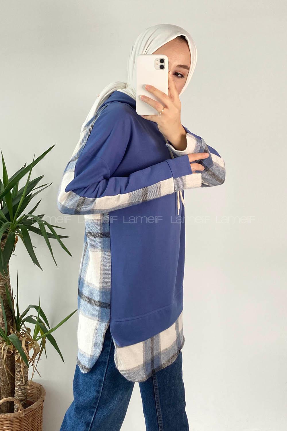 Modalamelif Kapüşonlu Sırt Ekose Etek Ucu Garnili Sweat Mavi