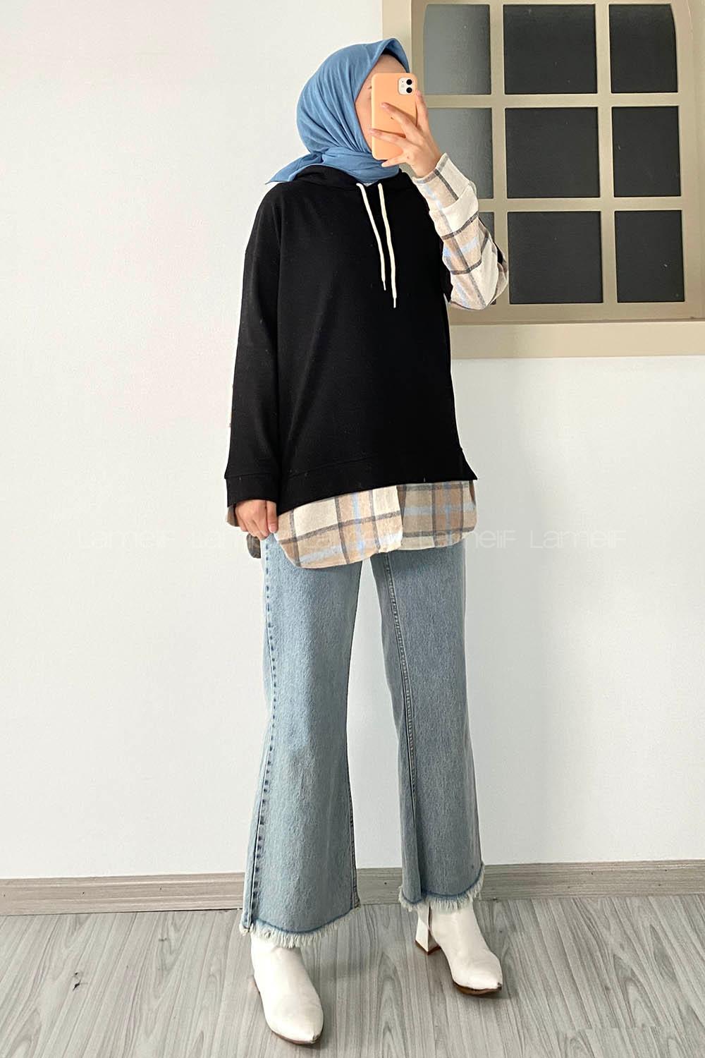 Modalamelif Kapüşonlu Sırt Ekose Etek Ucu Garnili Sweat Siyah