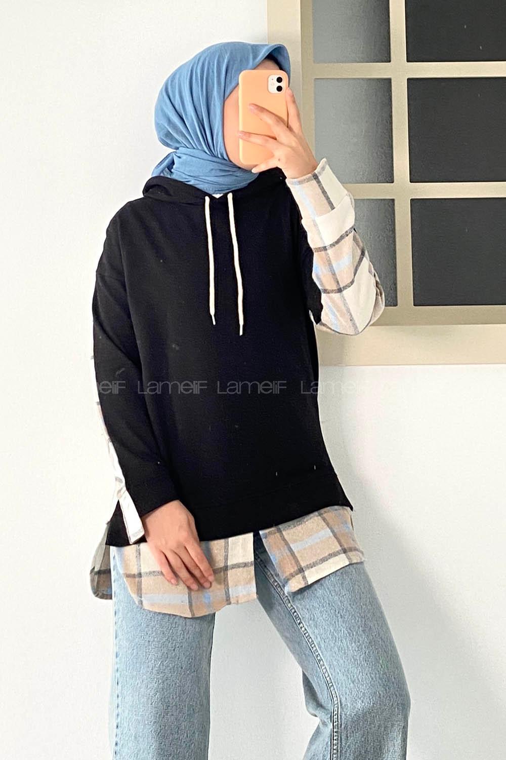 Modalamelif Kapüşonlu Sırt Ekose Etek Ucu Garnili Sweat Siyah