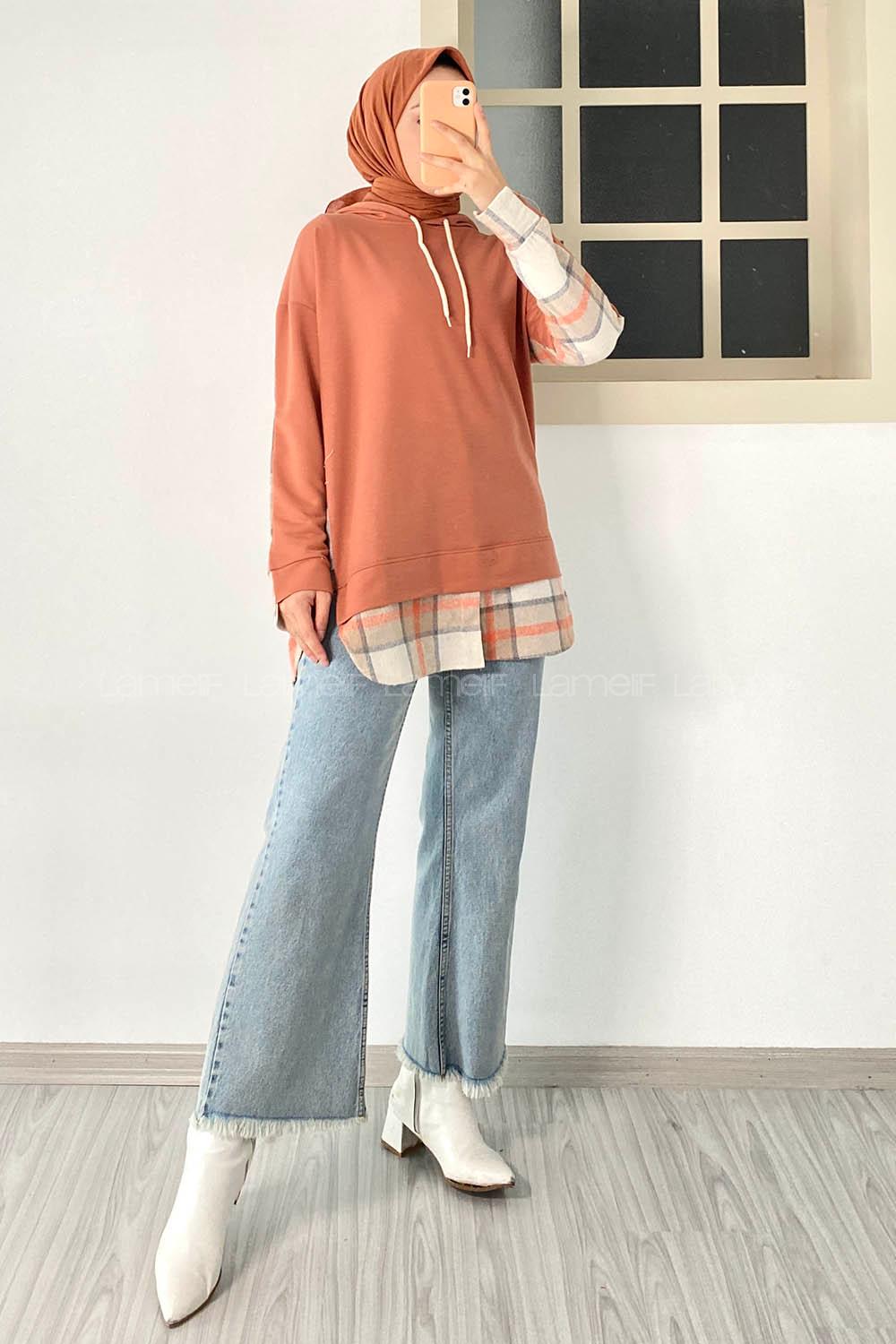 Modalamelif Kapüşonlu Sırt Ekose Etek Ucu Garnili Sweat Turuncu