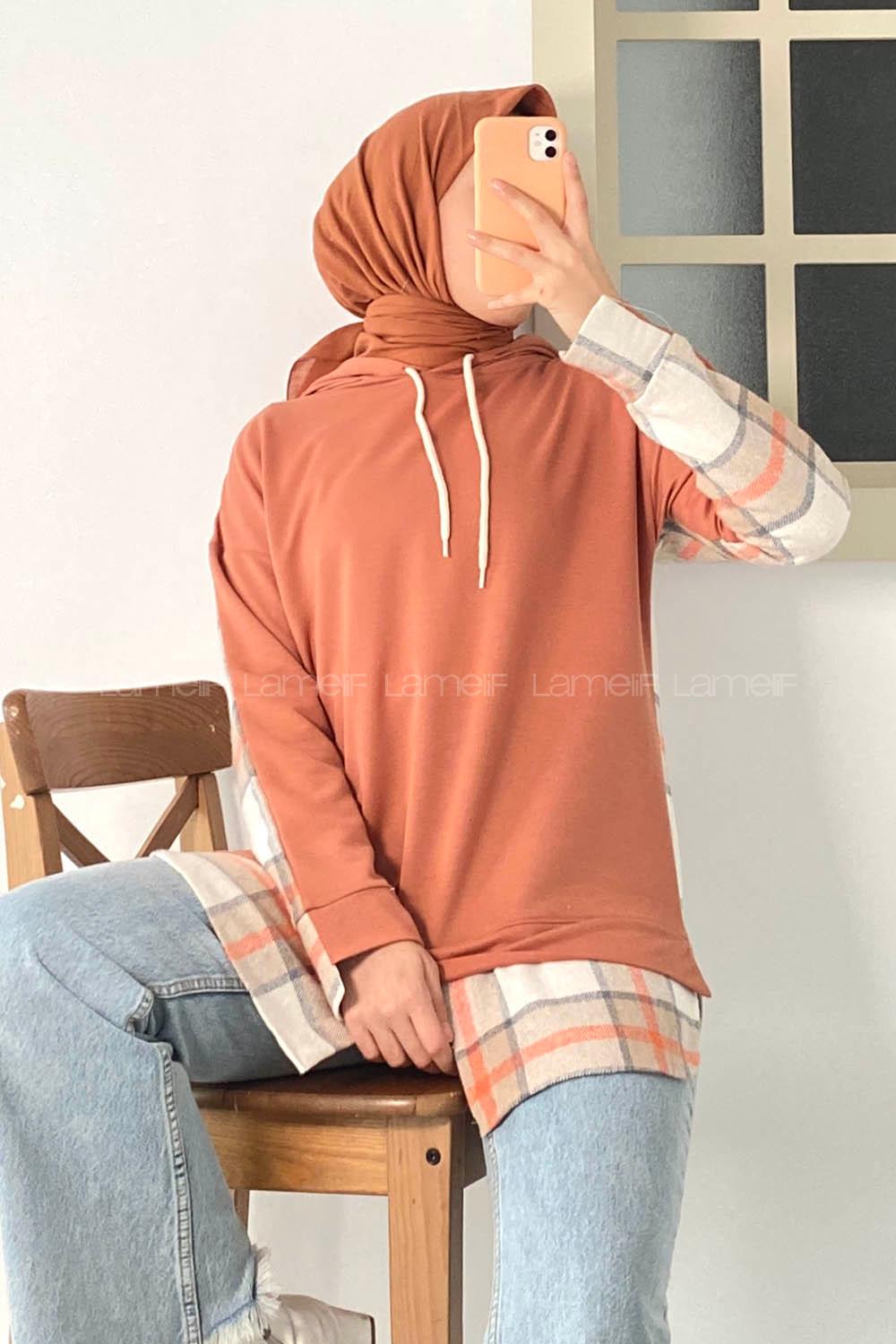 Modalamelif Kapüşonlu Sırt Ekose Etek Ucu Garnili Sweat Turuncu