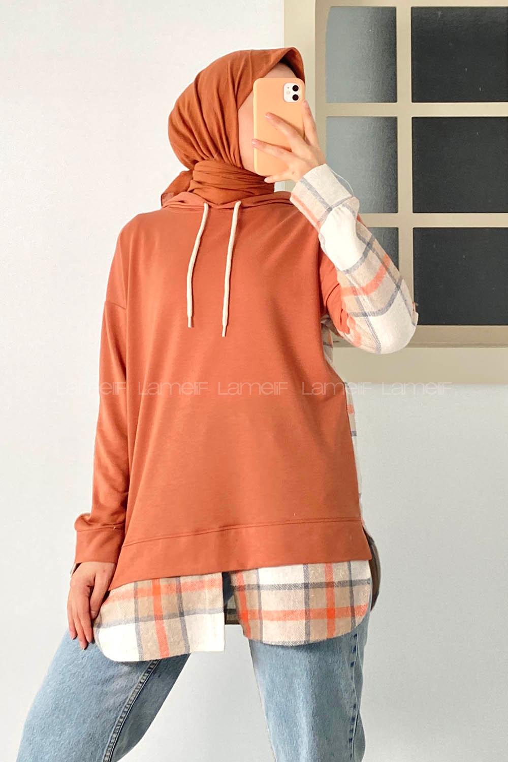 Modalamelif Kapüşonlu Sırt Ekose Etek Ucu Garnili Sweat Turuncu