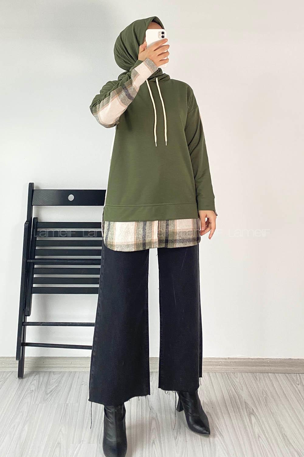 Modalamelif Kapüşonlu Sırt Ekose Etek Ucu Garnili Sweat Yeşil