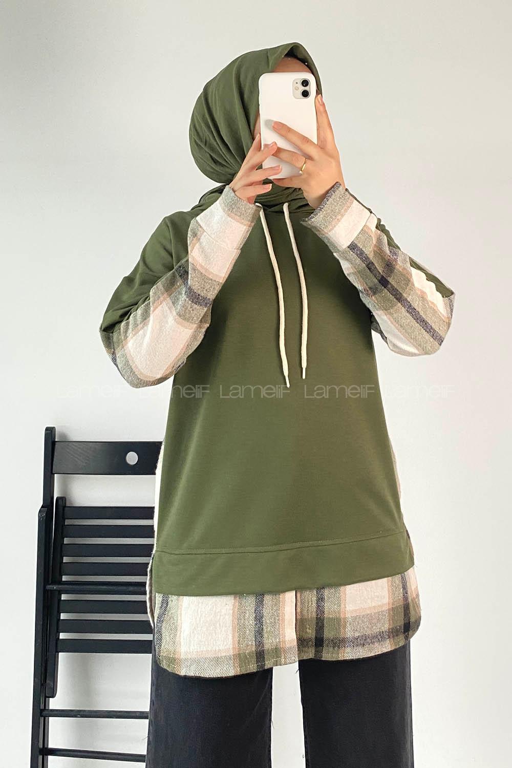 Modalamelif Kapüşonlu Sırt Ekose Etek Ucu Garnili Sweat Yeşil