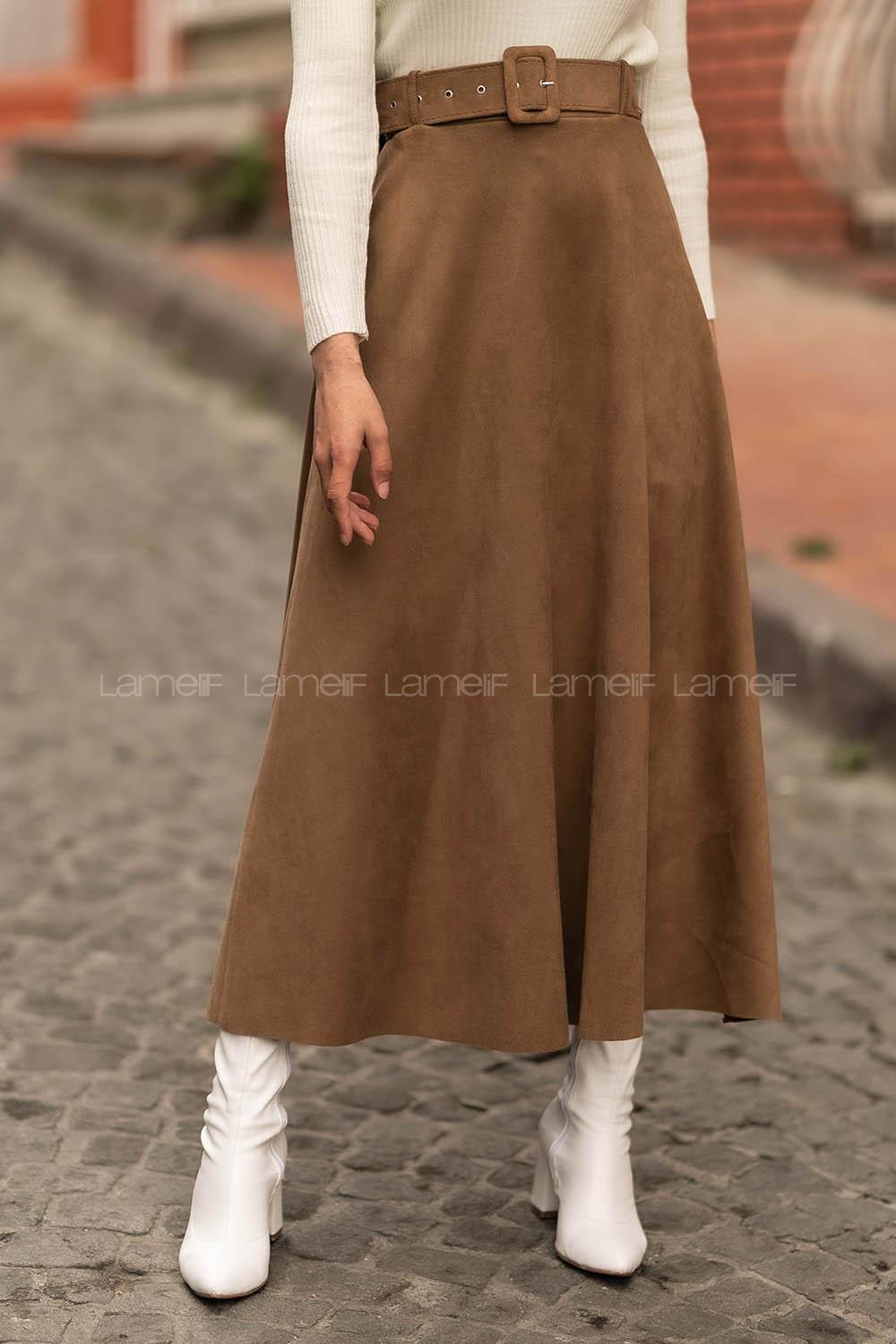 Modalamelif Kemer Detaylı Süet Etek Bej