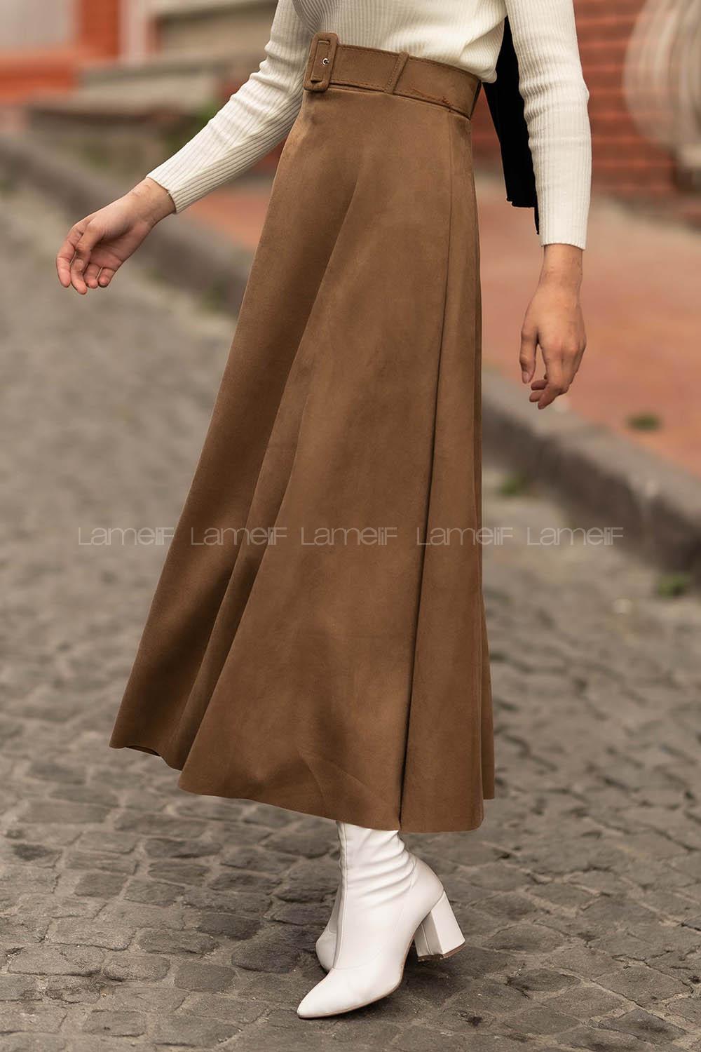 Modalamelif Kemer Detaylı Süet Etek Bej