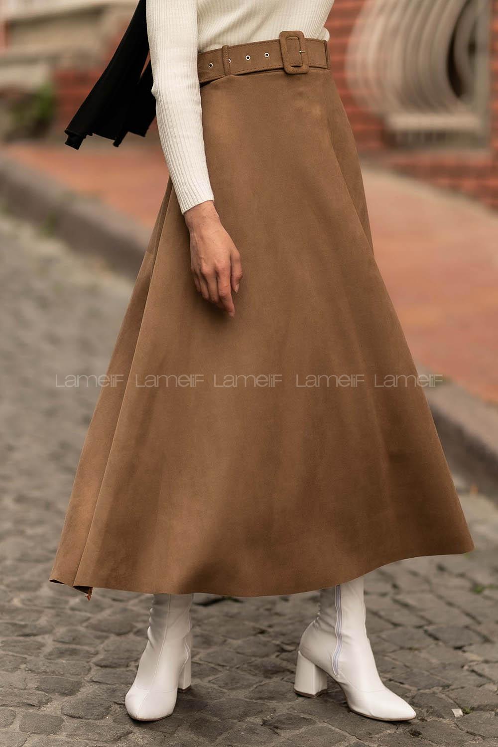 Modalamelif Kemer Detaylı Süet Etek Bej