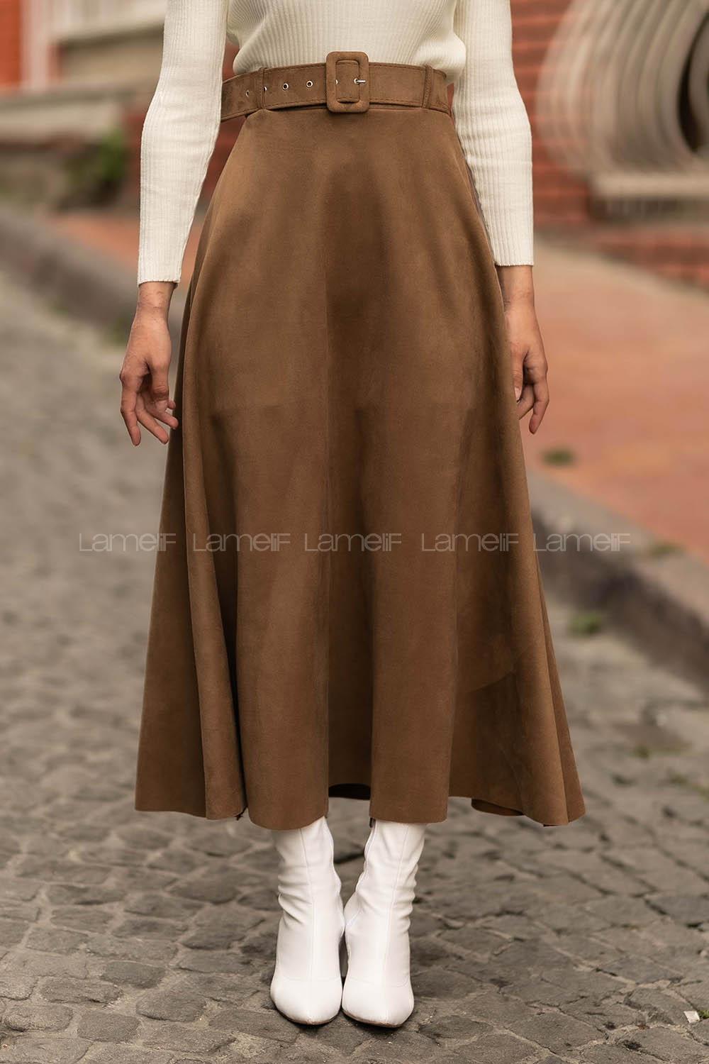 Modalamelif Kemer Detaylı Süet Etek Bej