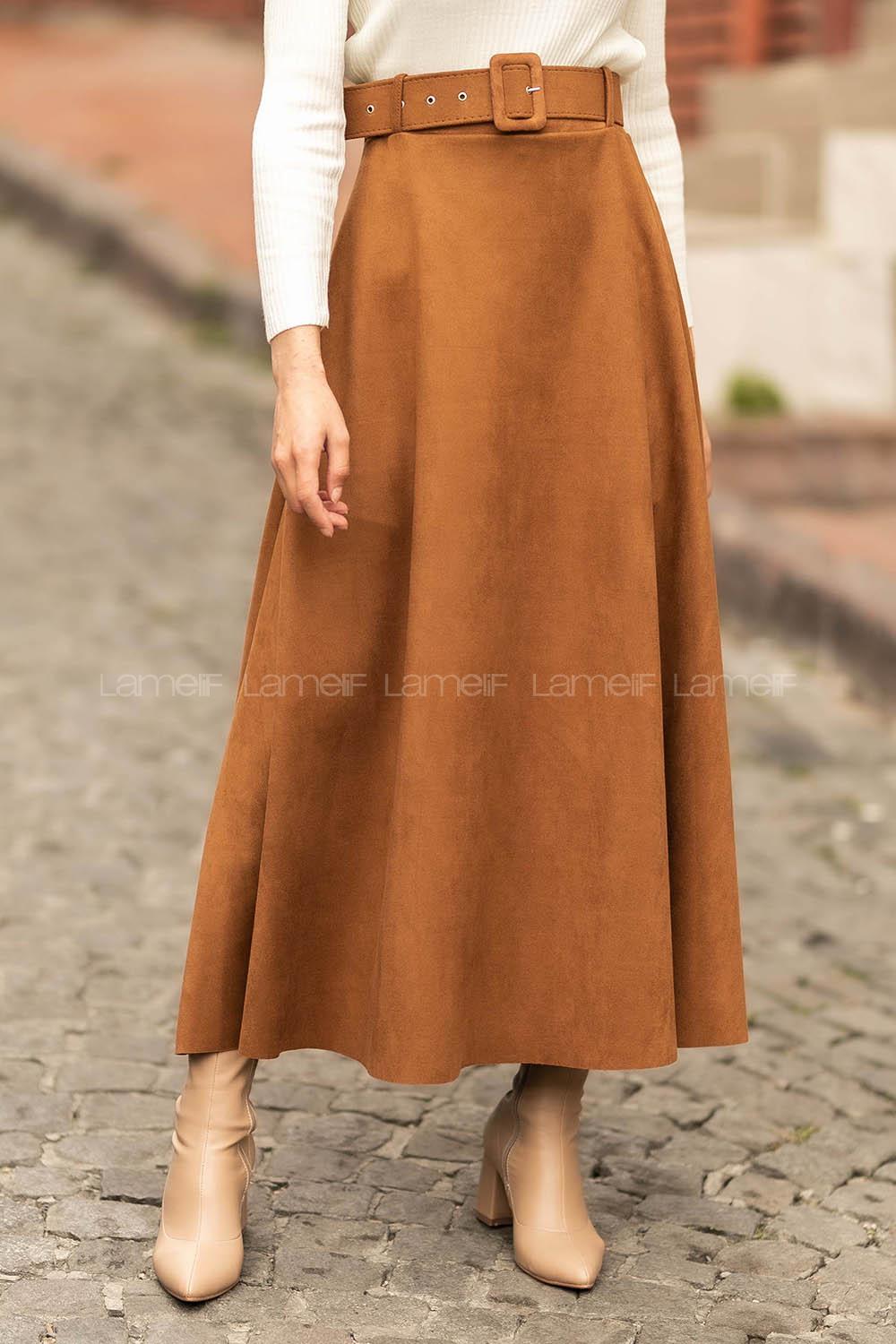 Modalamelif Kemer Detaylı Süet Etek Kahverengi