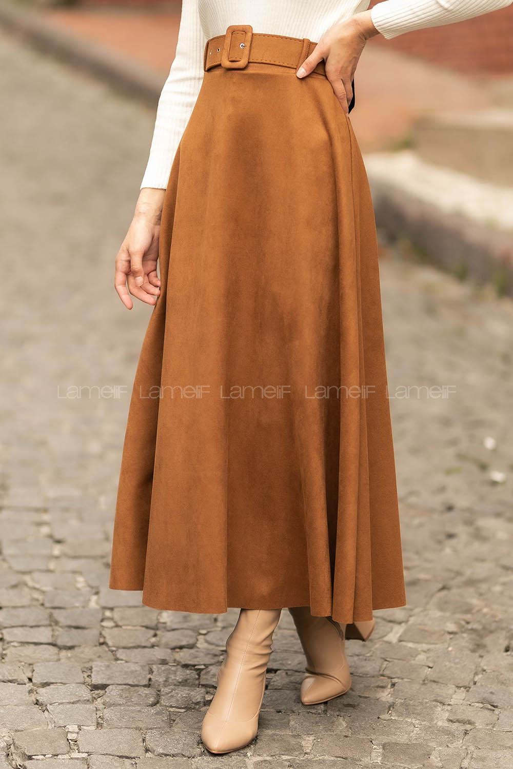 Modalamelif Kemer Detaylı Süet Etek Kahverengi