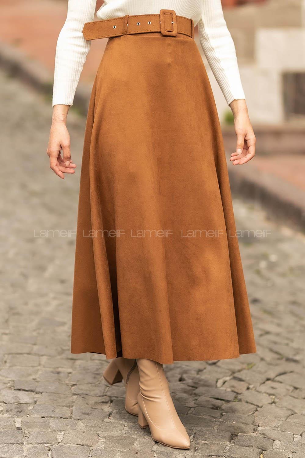 Modalamelif Kemer Detaylı Süet Etek Kahverengi