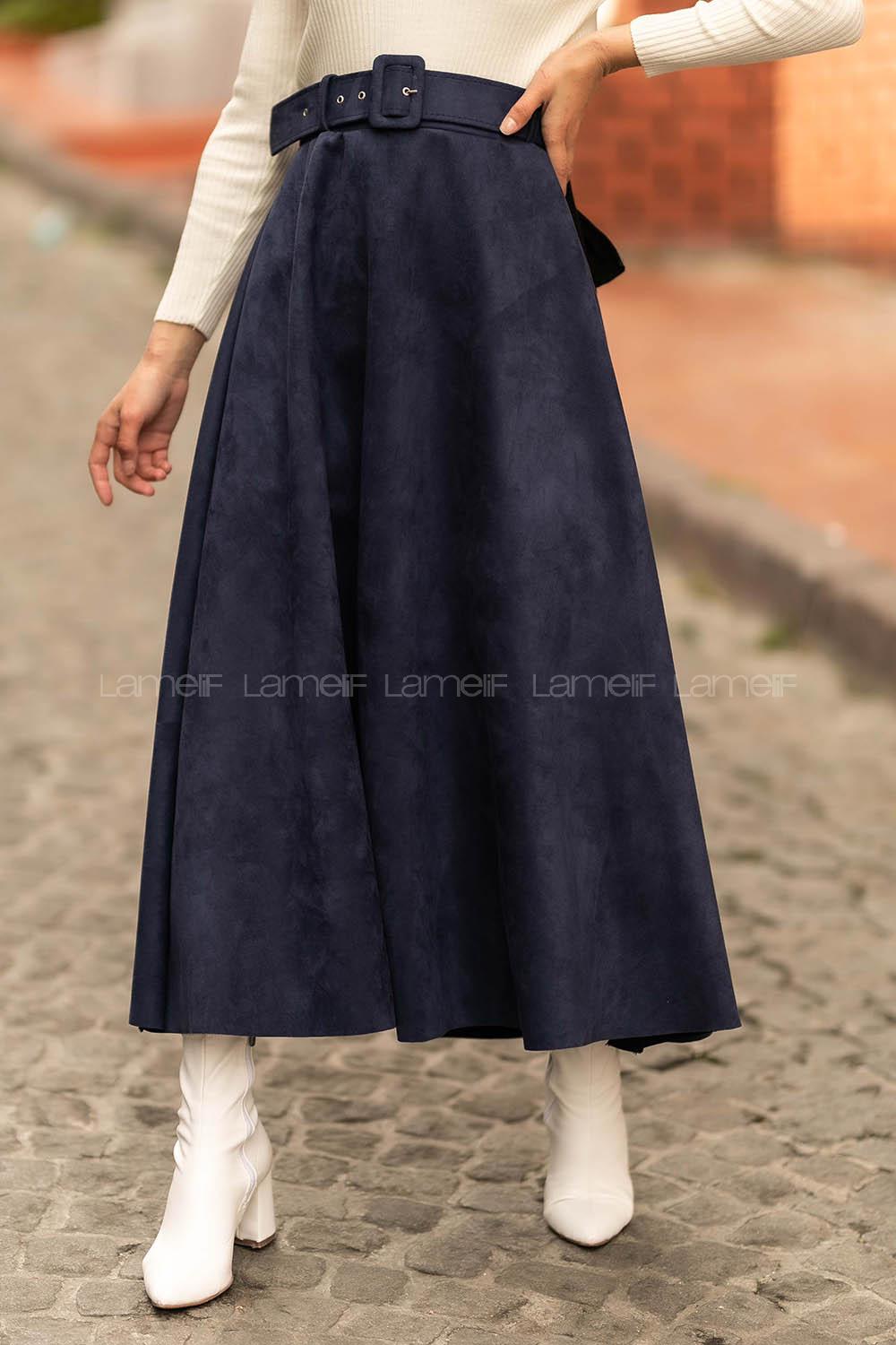 Modalamelif Kemer Detaylı Süet Etek Lacivert