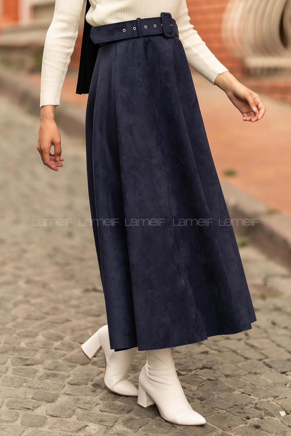 Modalamelif Kemer Detaylı Süet Etek Lacivert